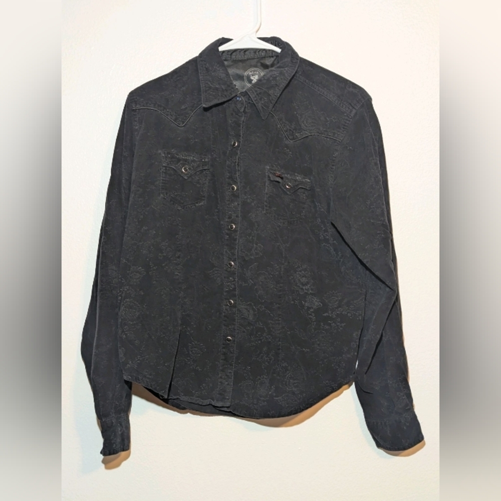 Ultra 20x Black Floral Pearl Snap Button Up Shirt Women's Sz Large 100% Cotton